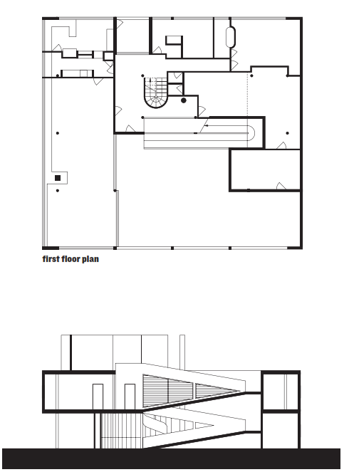 First floor plan and section of the Villa Savoye, Le Corbuiser (1931).