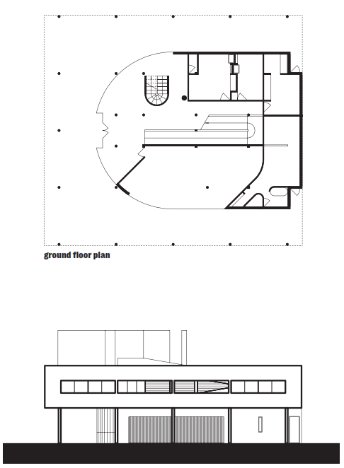 Elevation and ground floor plan of the Villa Savoye, Le Corbusier (1931)