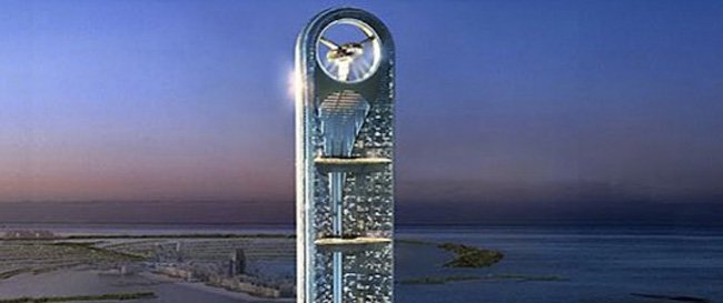 Prima della sua cancellazione, l&rsquo;Anara Tower è stata progettata per essere uno degli edifici più alti di Dubai e un&rsquo;icona di sostenibilità - nonostante le sue vetrate orientate a ovest, l&rsquo;alta energia grigia incorporata nei materiali e, incredibilmente, una gigante turbina eolica non-funzionante (ovvero decorativa). L&rsquo;edificio mostrava al consumatore un imballaggio con una &ldquo;immagine&rdquo; di sostenibilità a scapito della reale sostenibilità. (Image by WS Atkins PLC)