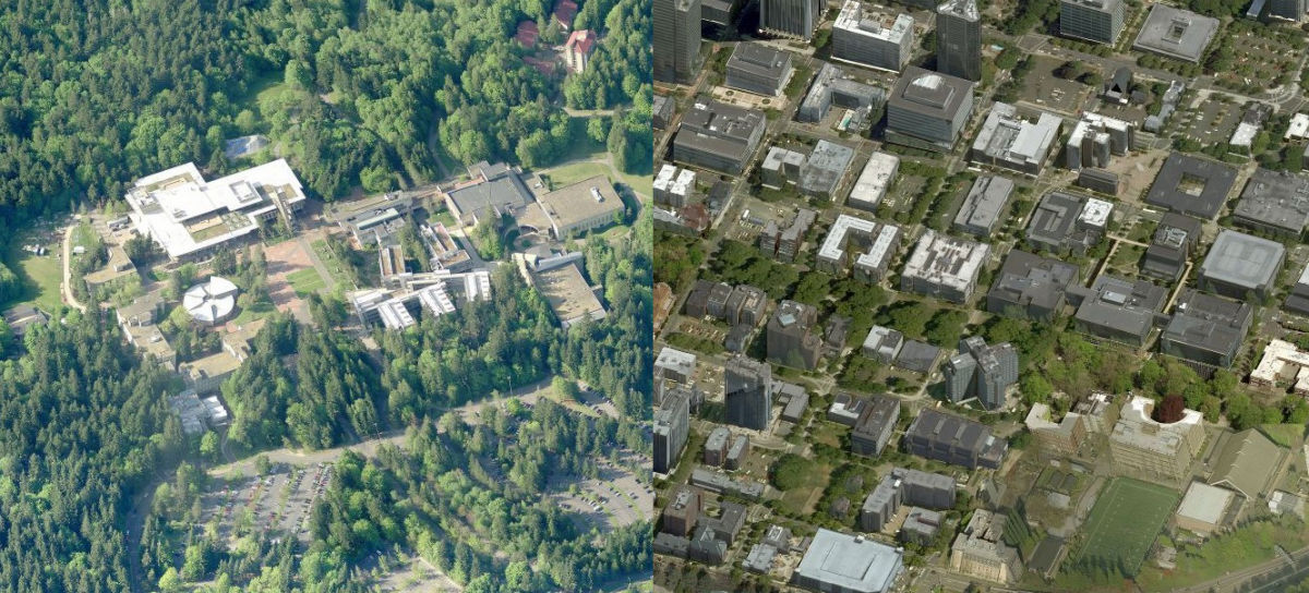Due università. (SX) L&rsquo;Evergreen State College a Olympia (Washington) è un campus dipendente dalle auto. (DX) La Portland State University è completamente integrata nella rete stradale pedonale di Portland (Oregon). (Foto Bing)