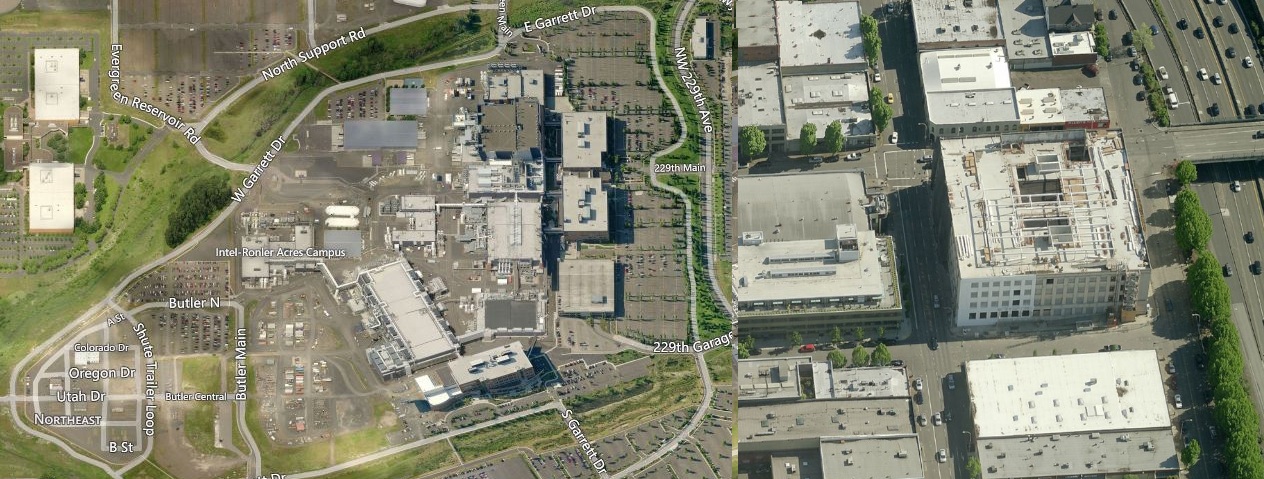 Due distretti industriali. (SX) Il campus Intel Ronler Acres a Hillsboro (Oregon), pianificato per un&rsquo;area con un uso industriale limitato. (DX) Il nuovo quartier generale nord americano di Vestas Wind Systems, nella maglia stradale pedonale di Northwest Portland, un&rsquo;area nota per i dipendenti nel settore Hi-Tech.