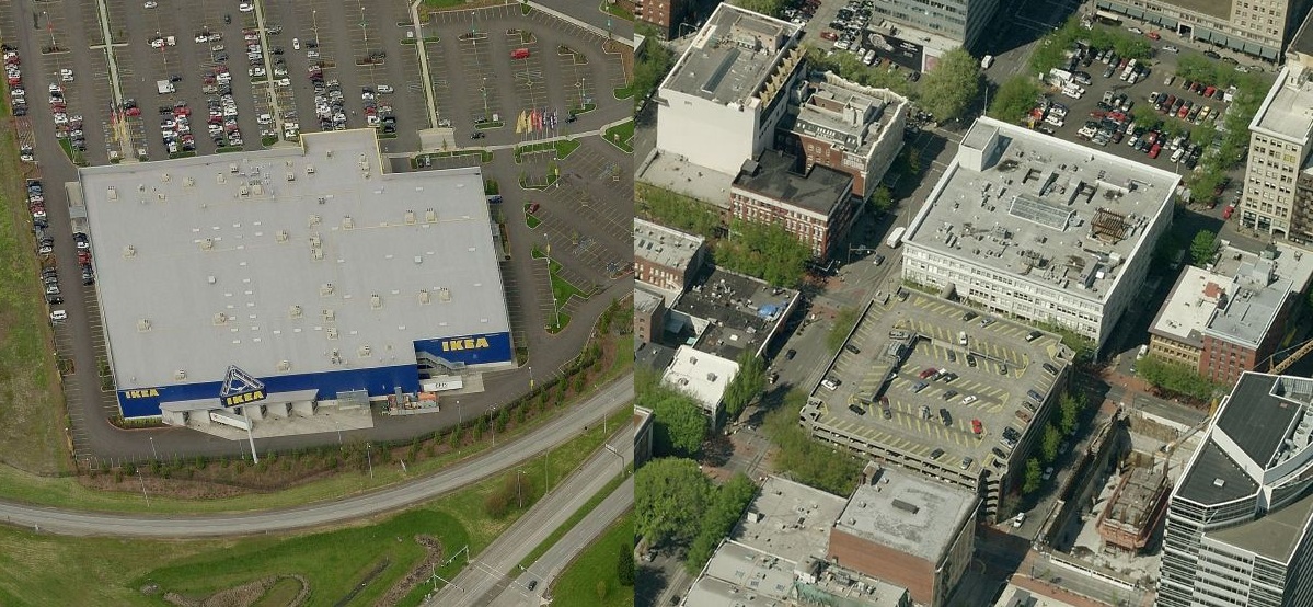 Due edifici &ldquo;formato grande scatola&rdquo; che presentano modelli urbani molto diversi. (SX) L&rsquo;IKEA nella periferia di Portland (Oregon), tipica come molte migliaia di analoghe strutture di vendita al dettaglio in tutto il mondo. (DX) Il Negozio Target in un edificio di 19.000 mq circa nel centro di Portland, che occupa due piani (circa 8.400 mq). Questo edificio storico è stato uno dei primi grandi magazzini ad ovest del fiume Mississippi negli Stati Uniti, e ora include un parcheggio in un adiacente garage. Il formato a sinistra oltrepassa notevolmente quello di destra.